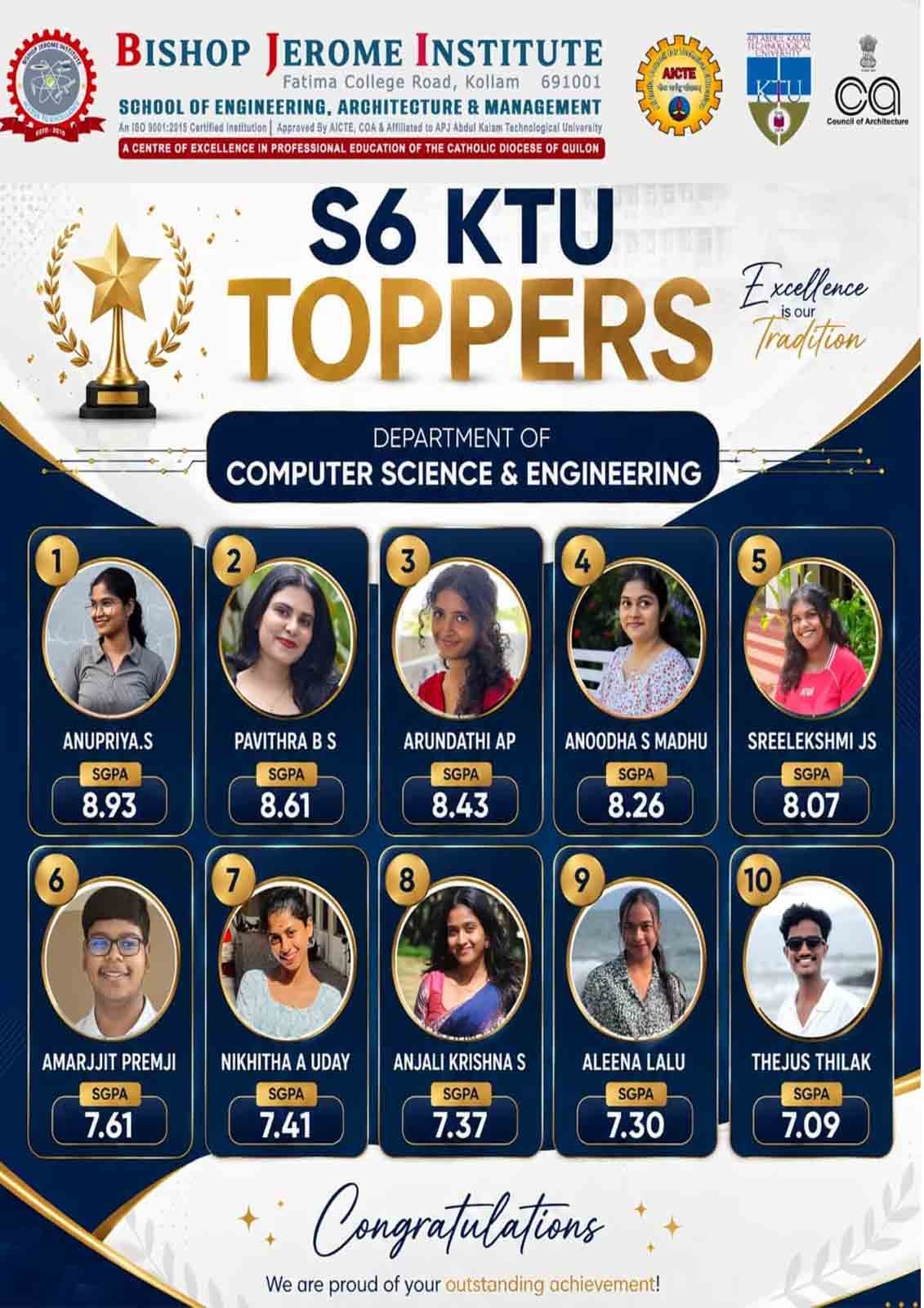 Bishop Jerome Institute Announces S6 KTU Toppers in Computer Science & Engineering